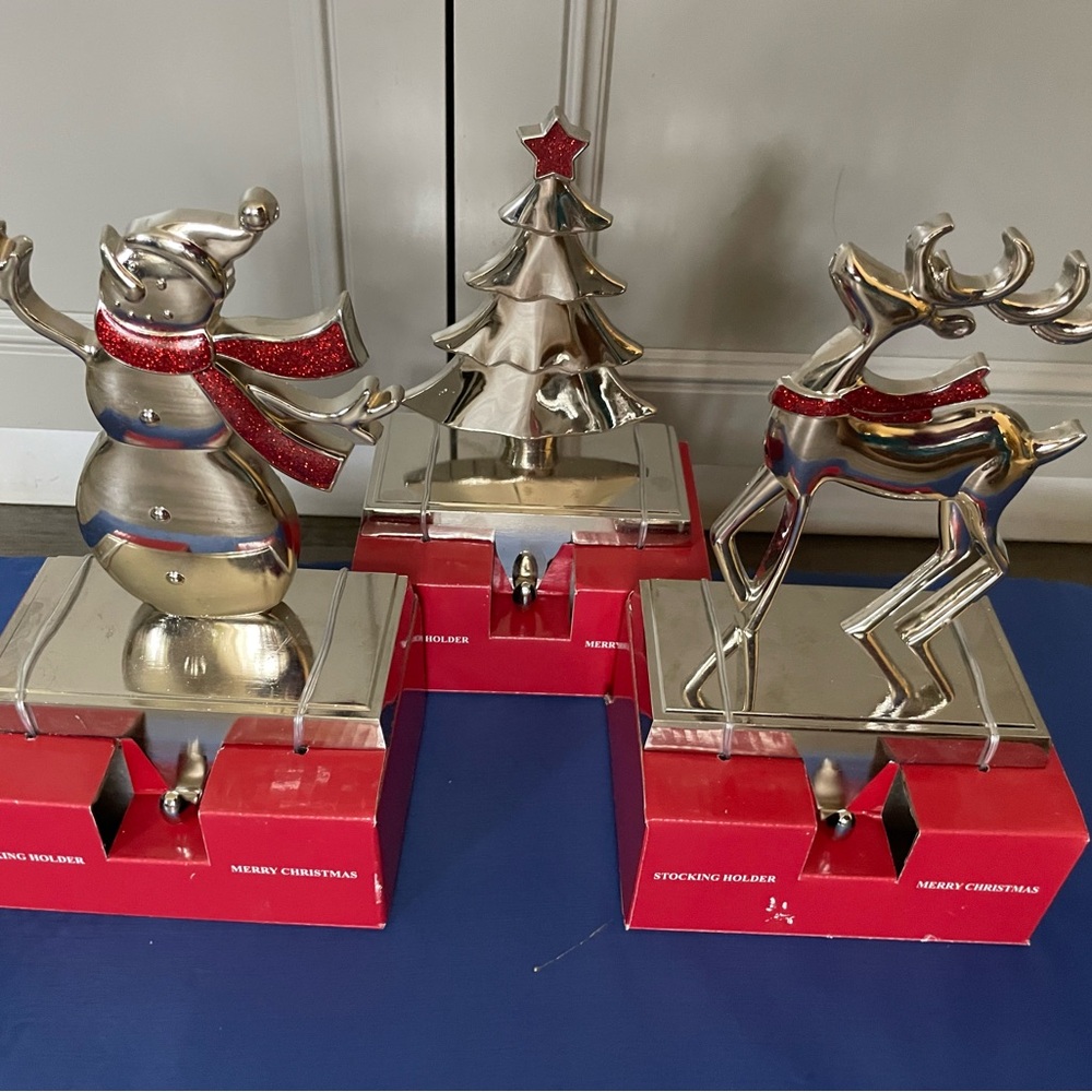 (3)🎄Heavy 6” Christmas Stocking Silver Hangers Mantel Shelf deer snowman tree